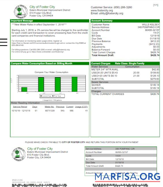 Downloadable USA CITY OF FOSTER CITY utility bill Word and PDF template
